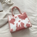 Bolso tote de felpa con estampado de vaca rosa y blanco y asas de cuero elegante - Rosa Vaca