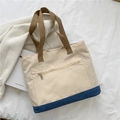 Borsa tote minimalista in tela bianco sporco e blu con manici marroni e cerniera frontale - Albicocca