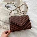 Deep brown V-quilted leather crossbody bag with elegant gold-tone chain strap - Dark Brown