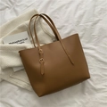 Caramel brown large capacity PU leather tote bag with elegant golden square buckle - Brown