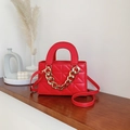 Vibrant red quilted square handbag with chunky gold chain decoration and strap - Red