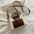 Bolso tipo cubo retro bicolor blanco roto y marrón oscuro con asas redondas chic - Blanco