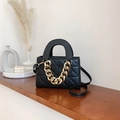 Quilted black leather small square bag with chunky gold chain strap and top handle - Black