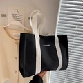 Grand sac cabas en toile noir et blanc avec imprimé mode et lanières tissées - Noir avec bande blanche / Noir