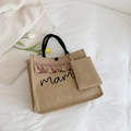 Borsa tote in lino retrò con stampa mama e nappe colorate con portamonete coordinato - Stile con Frange (MAMA)