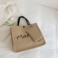 Borsa tote in lino intrecciato marrone chiaro con manici neri e mini pochette - Stile con Lettera (MAMA)