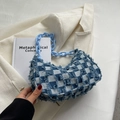 Checkerboard denim crossbody bag with frayed edges and blue plastic chain strap - Light Blue