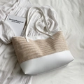 Grande borsa tote in paglia con inserti in pelle PU bianca per l'estate - Bianco
