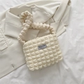 Creamy white popcorn texture handbag with scrunchie handle and fashion instinct label - No Pendant / White