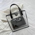 Trendy large transparent PVC tote bag with black trim and matching inner pouch - Transparent Black