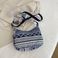 Borsa tote in tela jacquard blu con tracolla regolabile e motivi geometrici etnici - Blu scuro