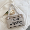 Borsa tote in tela beige con stampa HELLO WEEKEND e manici in corda bianca vista dall'alto - Cachi