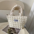 Creamy white bubble texture tote bag with ruched handles and fashion label detail - White Without Pendant