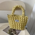 Light yellow bubble textured shoulder bag with pleated design and top zipper closure - Yellow Without Pendant