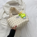 Chic cream white bubble texture handbag with ruffled handle and yellow flower charm - With Pendant / White