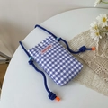 Vertikale kleine Handy-Umhängetasche aus Segeltuch mit blauem Karomuster für Damen - Blau