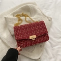 Red tweed crossbody bag with golden chain strap and metallic square buckle detail - Red