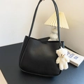 Large capacity black soft leather tote bag with cute plush bear charm on a stylish desk - With Pendant / Black
