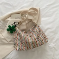 Colorful woven tote bag with wave pattern, beige strap and green flower charm - White With Pendant