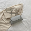 Elegante silberne Pailletten-Abendtasche mit schmalem Gurt auf beigem Blazer-Hintergrund - Silber