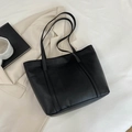 Large black quilted faux leather tote bag for women with minimalist geometric pattern - Black