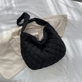 Quilted black puffy hobo cloud bag with rhombic stitching and wide shoulder strap - Black