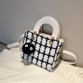 Fashionable black and white plaid tweed handbag with plush coal sprite pendant charm - White (With Pendant)