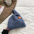 Blue corduroy knot tote bag with retro stripe texture and carrot plush pendant - Blue