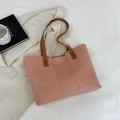 Grande borsa tote arancione rosa con manici in pelle marrone e cuciture bianche a vista - Rosa