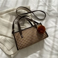 Borsa a mano retrò pied-de-poule con finiture in pelle e ciondolo a pompon marrone - Stile Pied de Poule Marrone / Marrone