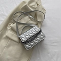 Silver quilted crossbody bag with metallic finish and decorative plastic chain strap - Silver