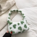 Cute white plush handbag with soft green heart patterns and integrated fuzzy handle - Green