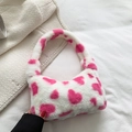 White faux fur handbag with pink heart pattern and soft plush texture for women - Pink