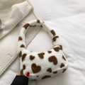 Plush beige faux fur tote bag with brown heart patterns and soft integrated handle - Brown