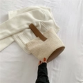 Secchiello in paglia crema con manici in pelle marrone per vacanze estive - Bianco Sporco