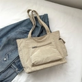 Beige corduroy tote bag with zipper pocket and side pockets for casual daily use - Khaki