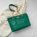 Green quilted faux leather tote bag with gold chain strap and metal buckle - Green