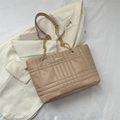 Khaki quilted leather tote bag with elegant metal chain strap and rectangle buckle - Tan