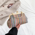 Colorful woven tote bag with gold metal frame and bohemian rainbow pattern detail - Colorful Zigzag (Blue Dominant) / Blue