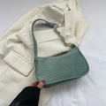 Sage green checkered underarm bag with decorative plastic chain strap and gold hardware - Green