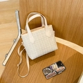 Elegant beige tweed checkered bucket tote bag with top handle and shoulder strap - No Pendant / Off-white