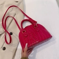Magenta croc-embossed shell bag with gold hardware and adjustable crossbody strap - Rose Red
