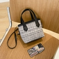Minimalist black and white checkered tweed handbag with crossbody shoulder strap - No Pendant / Black