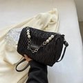Chic black pleated crossbody bag with pearl chain and fashion logo for women - Black