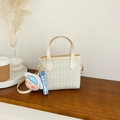Korean style woven grey tweed handbag for women featuring a cute plush character keychain - With Charm / Off-white