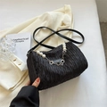 Black ruched canvas handbag with elegant pearl and floral chain decoration for women - Black
