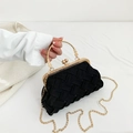 Mini sac à main tissé noir élégant avec poignée fleur dorée et bandoulière chaîne - Noir