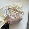 Champagne pleated shoulder bag with pearl chain detail and elegant fashion label - Khaki