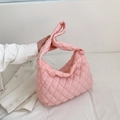 Detailed view of pink quilted puffer shoulder bag with soft diamond stitch nylon fabric - Pink