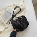 Chic black pleated canvas cloud bag with floral silver chain and adjustable shoulder strap - Black